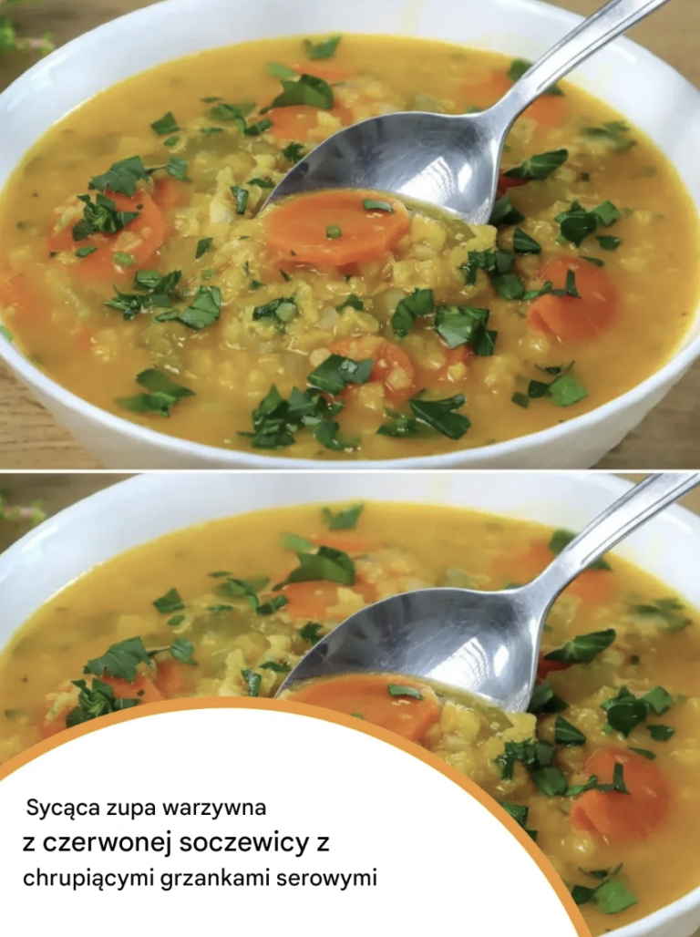 Sycąca zupa warzywna z czerwonej soczewicy z chrupiącymi grzankami serowymi
