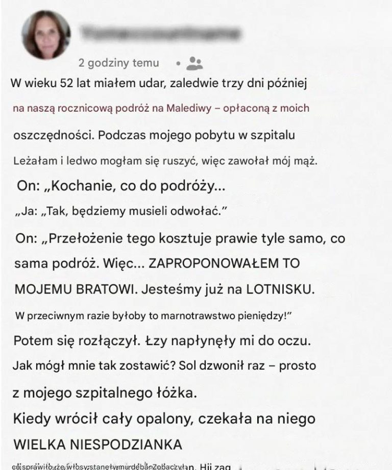 Mój mąż po udarze wybrał wakacje zamiast mnie – zaskoczenie po jego powrocie było bezcenne