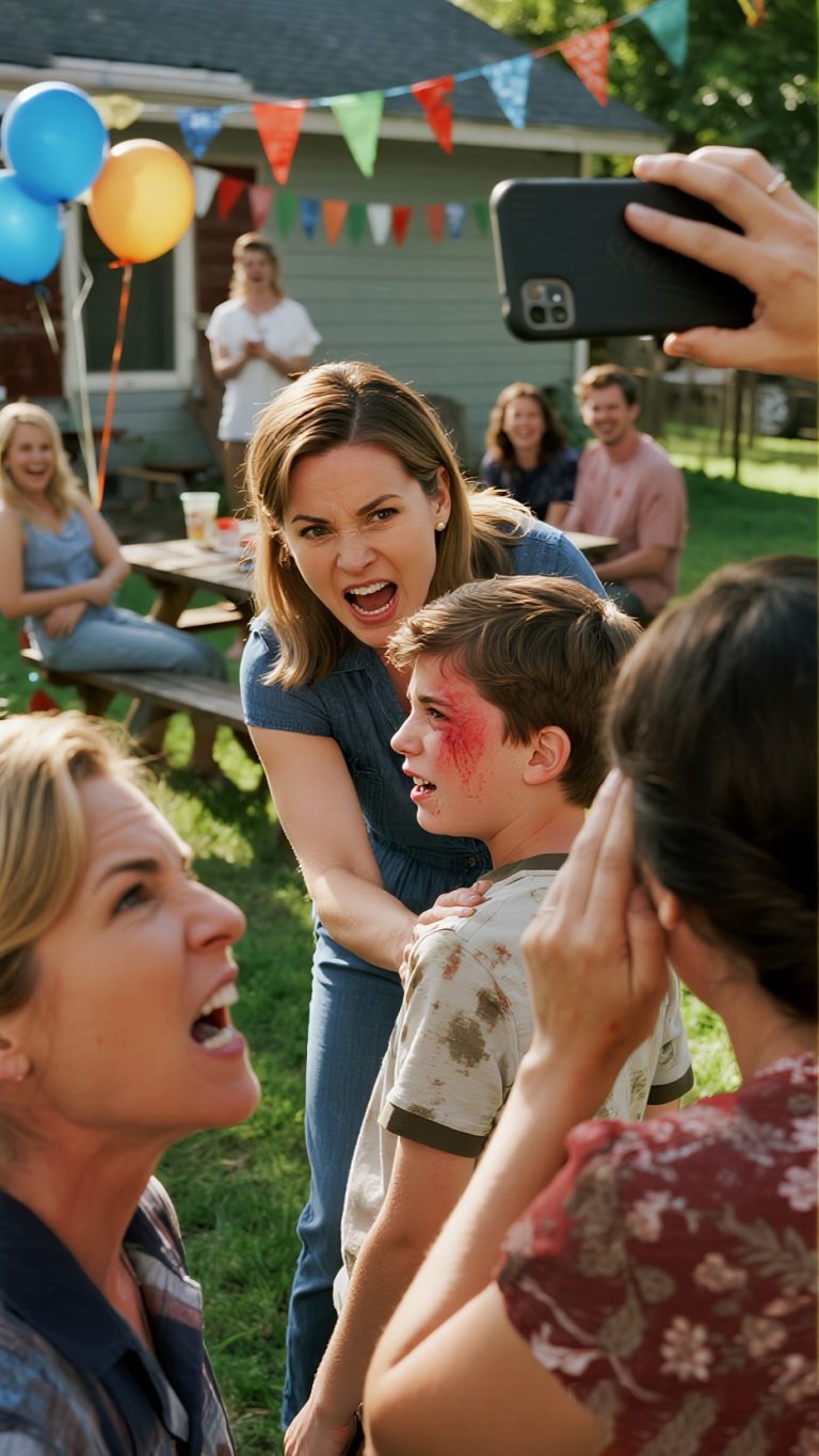 Na rodzinnym spotkaniu zastałem syna z posiniaczoną twarzą i ubraniem umazanym jedzeniem. Moja siostra roześmiała się i powiedziała: „No daj spokój, to tylko żart”. Nie wahałem się – uderzyłem ją mocno w twarz i odszedłem. Za mną mama krzyknęła: „Jak śmiesz!”, ale następnego ranka pojawiła się w moich drzwiach, drżąc. „Proszę” – wyszeptała – „daj swojej siostrze szansę na przeżycie”.