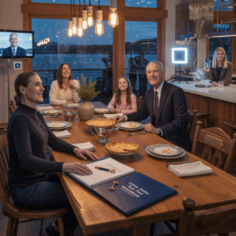 mój tata wręczył mi dokumenty o wydziedziczeniu podczas kolacji urodzinowej — rok później, w Święto Dziękczynienia, zadzwonił do moich drzwi z uśmiechem i ekipą filmową… a ja powitałam go księgą rachunkową, kluczem i domem, który miał zapamiętać każde kłamstwo