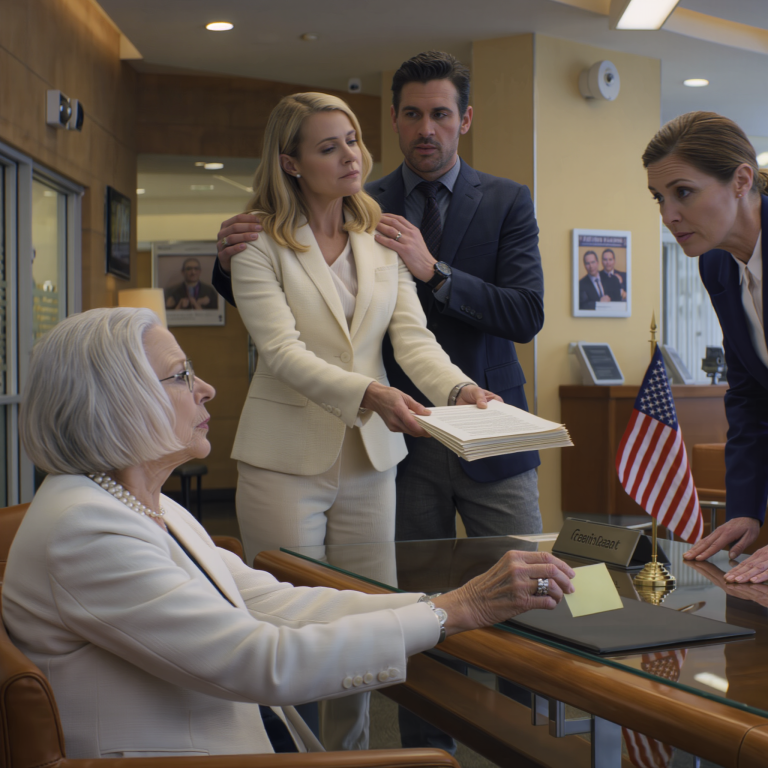 W banku moja córka podsunęła mi długopis: „Po prostu podpisz, mamo”. Jej mąż położył mi rękę na ramieniu, delikatnie, ale na tyle, że poczułam się osaczona. Ale kierownik banku już przeczytał notatkę, którą potajemnie jej podałam.