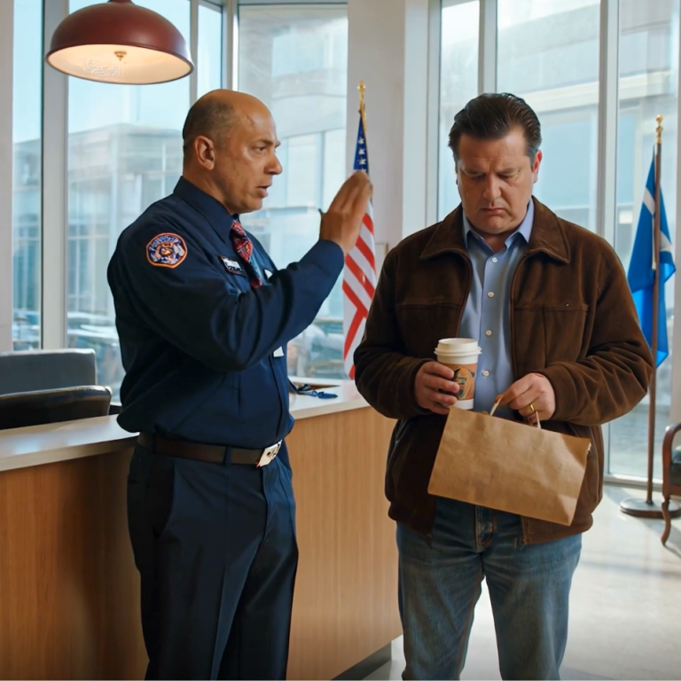 Odwiedziłem moją żonę, prezeskę, i napiłem się kawy — strażnik się roześmiał, wskazał na wychodzącego „jej męża” i wymienił nazwisko jej wiceprezes — więc uśmiechnąłem się, milczałem i postanowiłem się przyłączyć.