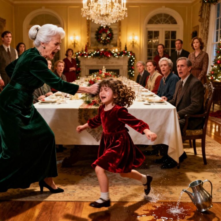 Podczas naszej rodzinnej kolacji wigilijnej moja czteroletnia córka niechcący rozlała napój. Reakcja mojej teściowej odebrała wszystkim mowę — a mój mąż tylko się roześmiał. Ale wtedy mój siedmioletni syn wstał i opowiedział coś o swojej babci, co sprawiło, że cała sala zamilkła.