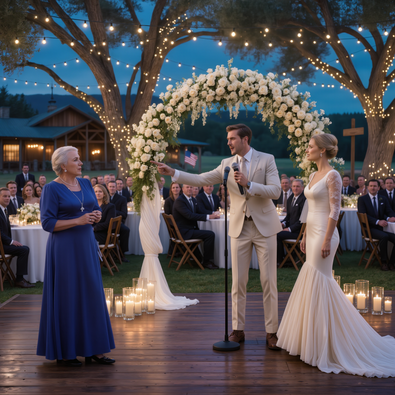 Tej nocy, kiedy mój syn stanął w środku własnego ślubu, chwycił mikrofon, wskazał na mnie w niebieskiej sukience i krzyknął: „Wynoś się, mamo. Mój narzeczony cię tu nie chce” przed 200 gośćmi… to była dokładnie ta sekunda, w której zrozumiałam, że są słowa, których matka nigdy nie zapomina – i nigdy tak naprawdę nie wybacza.