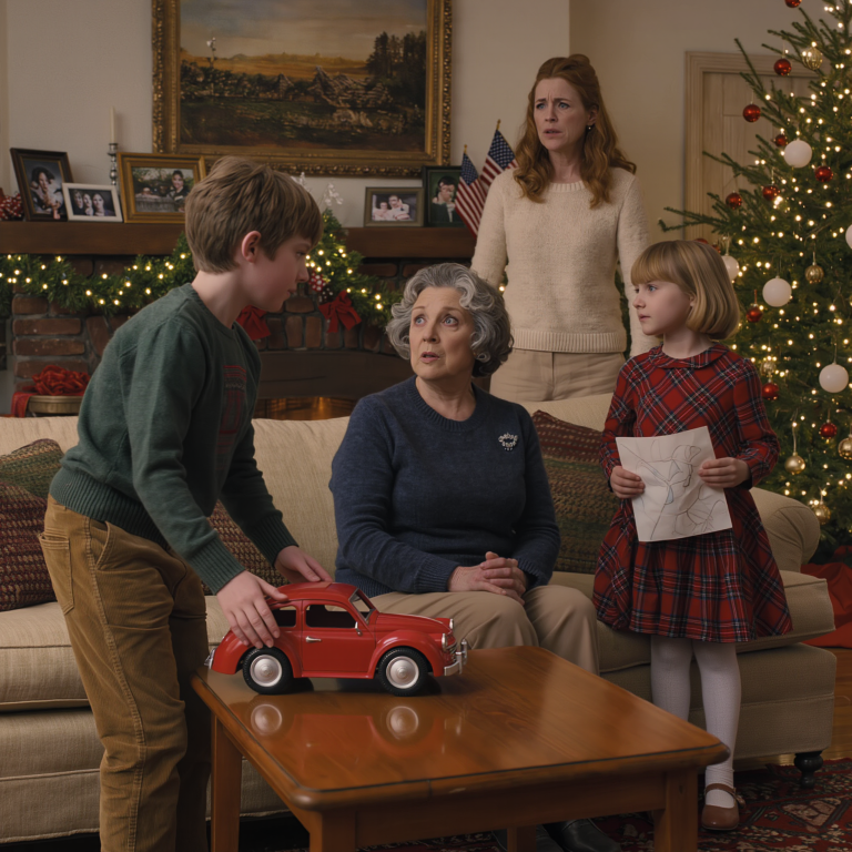 W Wigilię, w naszym przytulnym salonie w stylu środkowo-zachodnim, moja teściowa pochyliła się nad moją 6-letnią córką i syknęła: „Dzieci, które rodzą się z powodu niewierności mamy, nie mogą nazywać mnie babcią”, odsuwając od siebie własnoręcznie wykonany obrazek, nad którym moja córka spędziła wiele dni — ale zanim zdążyłam otworzyć usta, mój 8-letni syn cicho wstał, przeszedł przez pokój i wypowiedział sześć słów, które sprawiły, że każdy dorosły przy tym stole zamarł.