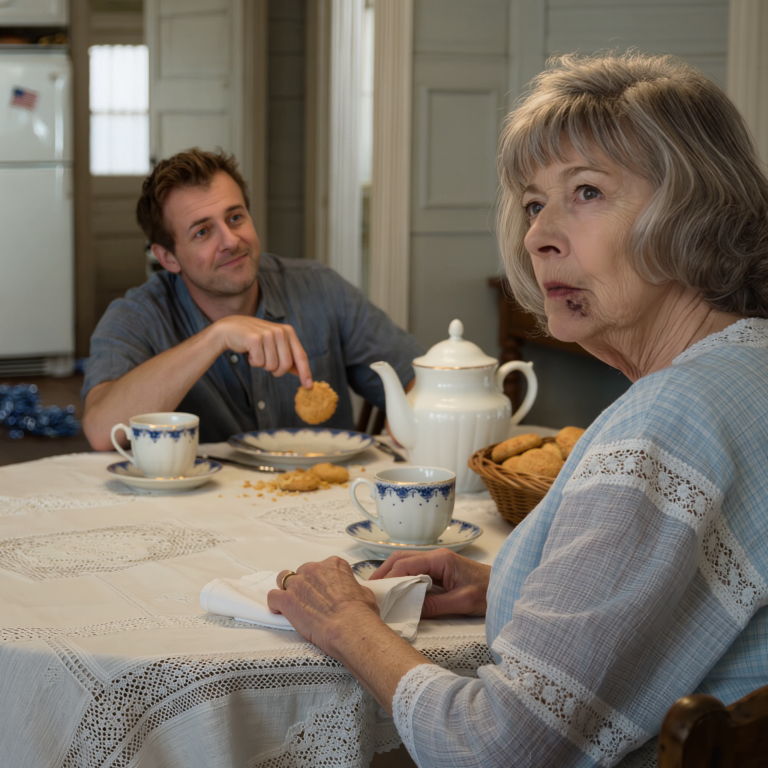 Mój syn podniósł na mnie rękę w mojej własnej kuchni — siedziałam cicho, nie powiedziałam ani słowa… Następnego ranka przygotowałam całą ucztę, a on uśmiechnął się: „w końcu nauczyłaś się, gdzie twoje miejsce!”… aż do momentu, gdy krzesło obok mnie zostało cicho odsunięte