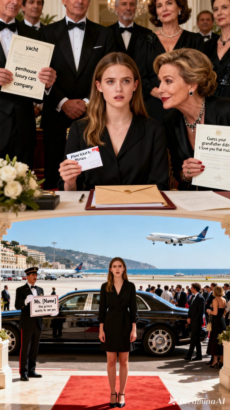 Na pogrzebie dziadka moja rodzina odziedziczyła jego jacht, penthouse, luksusowe samochody i firmę. Prawnik wręczył mi jedynie małą kopertę z biletem lotniczym do Monako. „Chyba twój dziadek nie kochał cię aż tak bardzo” – zaśmiała się moja matka. Zraniona, ale ciekawa, postanowiłam pojechać. Kiedy dotarłam na miejsce, kierowca trzymał tabliczkę z moim imieniem: „Proszę pani, książę chce się z panią widzieć”.