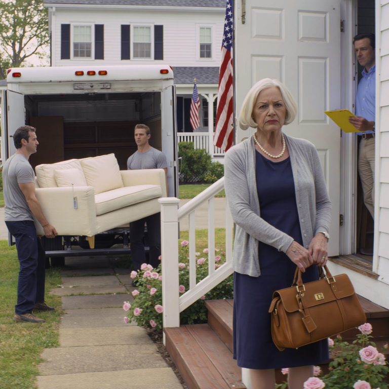 Wróciłam do domu po niedzielnym nabożeństwie i zobaczyłam na podjeździe białą ciężarówkę do przeprowadzek, dwóch nieznajomych wynoszących sofę, którą kupiliśmy z moim zmarłym mężem, kiedy w końcu byliśmy właścicielami tego domu, bez żadnych zobowiązań. Kiedy nazwali mojego syna „klientem”, zrozumiałam, że nie jestem po prostu popychana… zostałam wymazana. Wiedziałam, że to mój dom – krzew róży przy schodach, moje nazwisko na skrzynce pocztowej – a jednak drzwi wejściowe były otwarte, jakbym już tam nie pasowała.