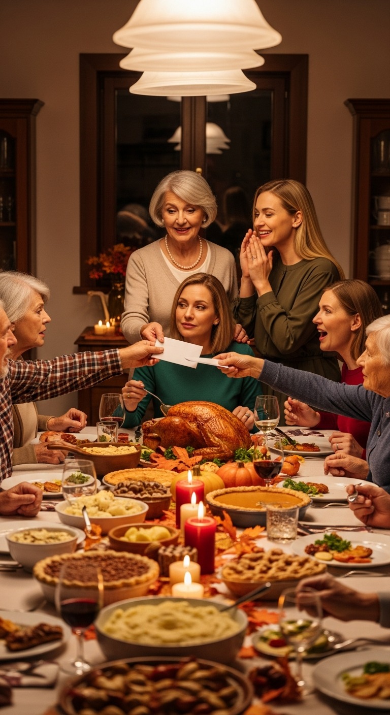 Podczas kolacji z okazji Święta Dziękczynienia moja mama rozdawała koperty – „mała premia dla każdego, kto tu pomaga”. Kiedy mnie ominęła, moja siostra parsknęła śmiechem: „Chyba się nie liczysz”. Uśmiechnęłam się tylko, ugryzłam i czekałam. Tego wieczoru zamknęłam wszystkie konta rodzinne, które zasilałam. Rano ich „premie” zniknęły, a karty zostały odrzucone przy śniadaniu… ale to nie była jedyna rzecz, którą stracili…
