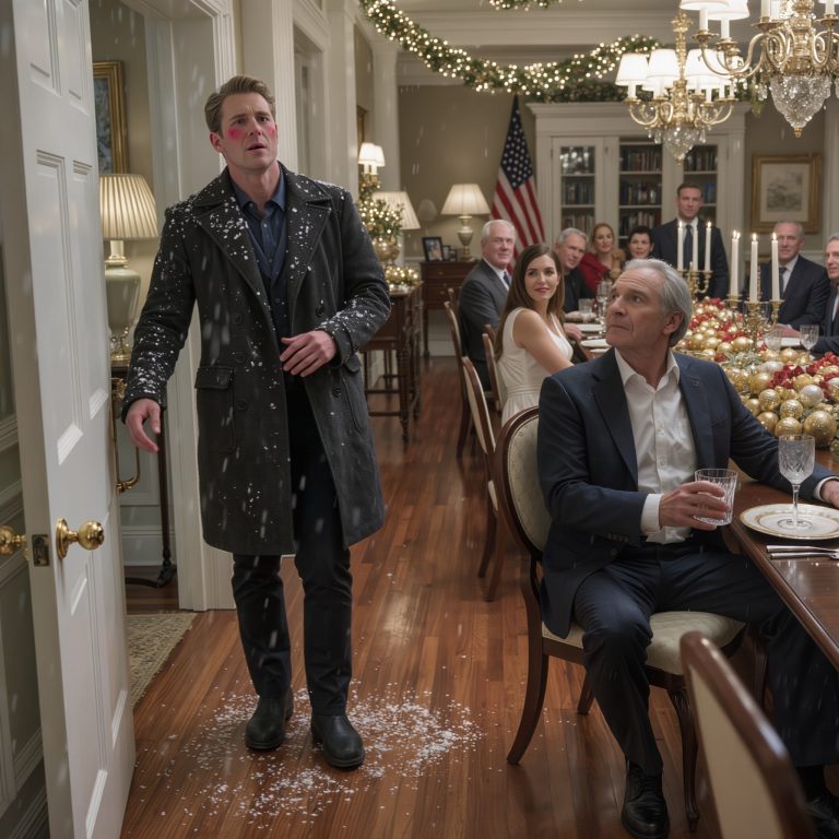 Wciąż strząsałem śnieg z płaszcza, gdy tata podniósł wzrok znad drinka i mruknął: „Nie wiedziałem, że dodatkowy gość jest zaproszony”. Kilku krewnych się roześmiało. Nie zareagowałem. Podczas kolacji upuściłem swój sekret na stół i patrzyłem, jak im szczęki opadają na PODŁOGĘ.