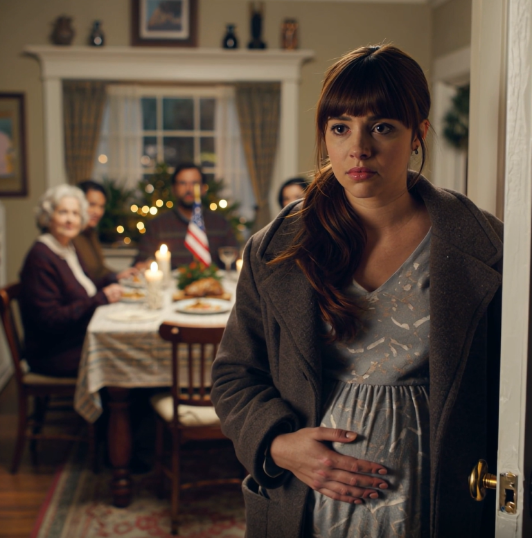 W Wigilię zadzwonił dzwonek do drzwi. Stała tam młoda kobieta w ciąży. „Czy mogłabym prosić o trochę wody?” – zapytała cicho. Mój mąż zmarszczył brwi. „Teraz nie przyjmujemy gości, proszę spróbować gdzie indziej”. Synowa skrzywiła się. „Nie pozwól jej podejść za blisko”. Uderzyłam dłonią w stół. „Nakryj. Je dziś z nami kolację”.