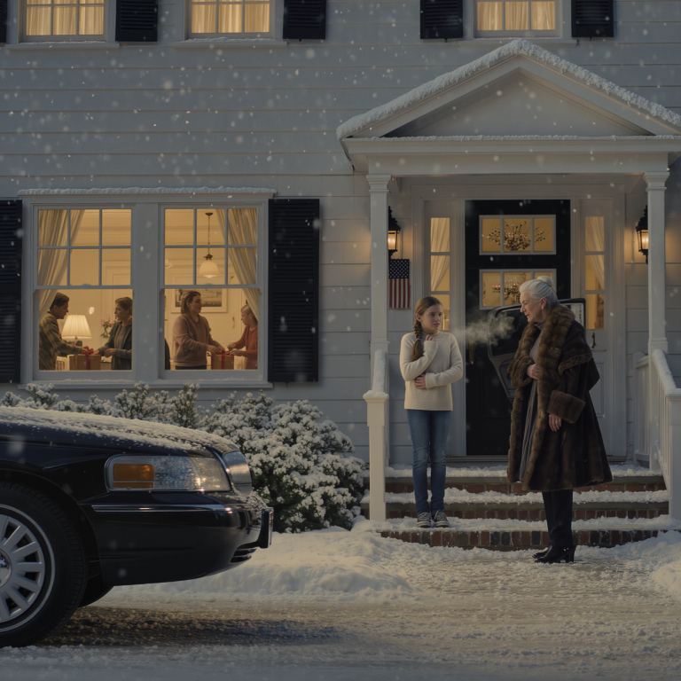 W Wigilię było -10°C, a tata zamknął drzwi wejściowe. Stałem sam na zewnątrz w mroźną noc, otoczony padającym śniegiem… tylko dlatego, że „odważyłem się” odpyskować mu przy kolacji. Zadrżałem, patrząc, jak otwierają prezenty przez zaparowane, pokryte szronem okno, a moje palce powoli robiły się fioletowe. Godzinę później przed domem zajechała czarna limuzyna. Babcia, o której cała moja rodzina zawsze mówiła mi, że nie żyje, nagle wysiadła. Spojrzała na mnie drżącego z zimna, zerknęła na dom i powiedziała tylko jedno słowo: „Zburzyć”.