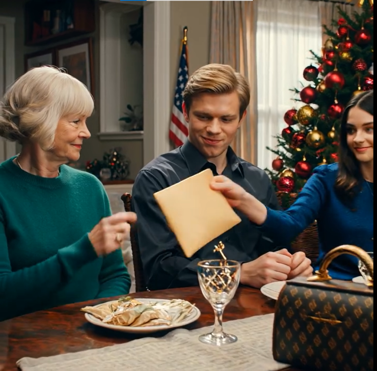 Zaprosiłam syna i synową na świąteczną kolację. Zaskoczyłam syna BMW i dałam synowej designerską torebkę. Podczas posiłku syn uśmiechnął się i powiedział: „Mamo, moja żona mówi, że w tym roku powinnaś to potraktować jako nauczkę, więc postanowiliśmy nie kupować ci prezentu”. Synowa po prostu siedziała, uśmiechając się do mnie tym swoim znaczącym spojrzeniem. Spokojnie wyjęłam kopertę. „Dobrze. Mam jeszcze jeden prezent dla was obojga”. W chwili, gdy ją otworzył, jego dłonie zamarły…
