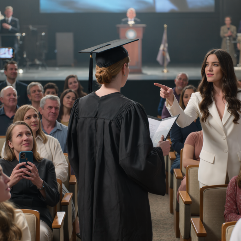 Podczas mojej ceremonii ukończenia studiów moja siostra wstała i krzyknęła: „Oszukiwała, żeby dostać się na studia!”. Cała sala patrzyła. Podeszłam do podium, odebrałam dyplom i… szepnęłam do dziekana… który uśmiechnął się i skinął głową.