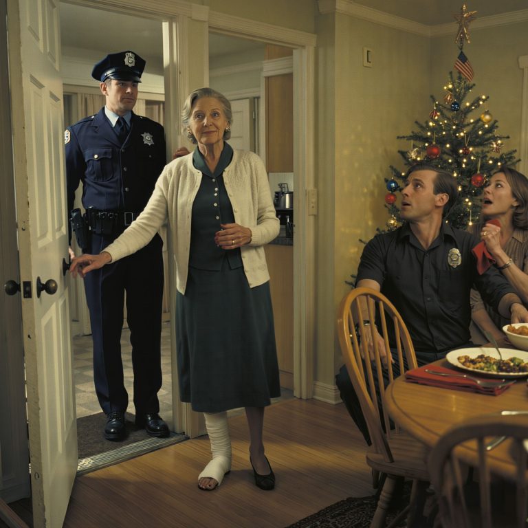 Przybyłem na wigilijną kolację kulejąc, z nogą w gipsie. Kilka dni wcześniej moja synowa celowo mnie popchnęła. Kiedy wszedłem, mój syn parsknął szyderczym śmiechem: „Moja żona dała ci tylko nauczkę. Zasłużyłeś na to”. Wtedy zadzwonił dzwonek do drzwi. Uśmiechnąłem się i otworzyłem. „Proszę wejść, panie oficerze”.