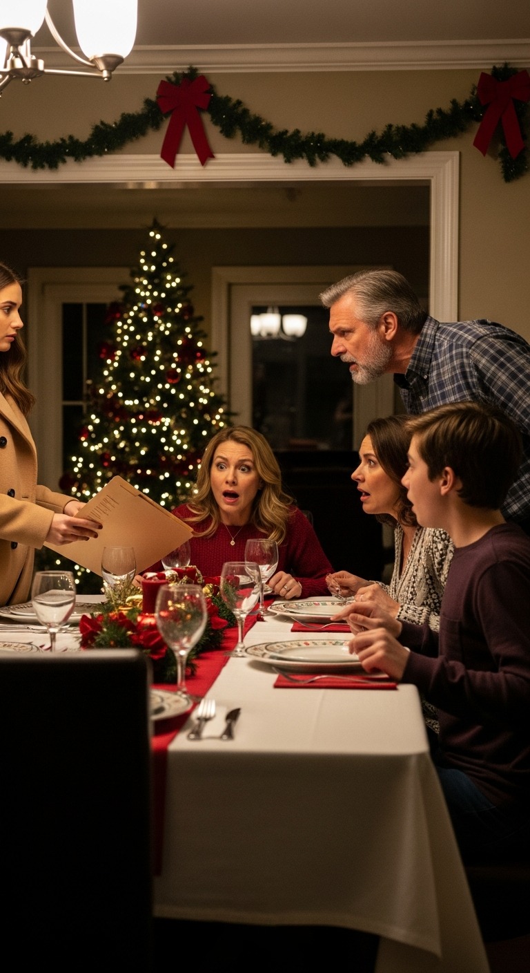 Podczas kolacji wigilijnej mama spojrzała na moje zdjęcie USG ciążowego i powiedziała: „Nie jesteś matką. Jesteś chodzącym błędem”. Mój brat się roześmiał. Mój ojczym milczał. Nie płakałam. Po prostu przesunęłam teczkę po stole i patrzyłam, jak bledną…