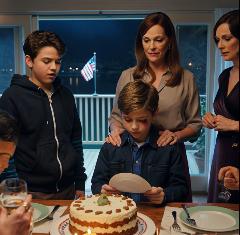 Na przyjęciu urodzinowym mój syn pojawił się z siniakiem pod okiem, a syn mojej siostry chwalił się, że „na pewno nigdy tego nie zapomni”. Sala wybuchnęła śmiechem – aż mój syn wypowiedział ciche słowa, które zburzyły wieczorną atmosferę i sprawiły, że moja siostra upuściła kieliszek z winem. Na chwilę muzyka, wiatr znad jeziora, a nawet delikatny brzęk widelca o talerzyk z deserem zdawały się zawisnąć w powietrzu.