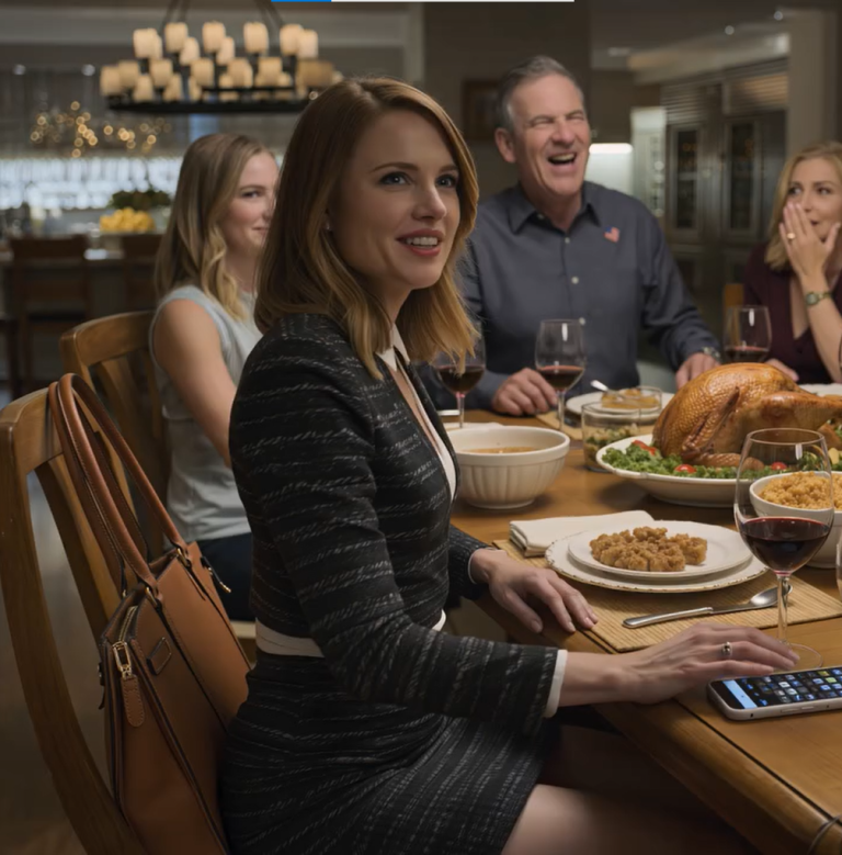 W Święto Dziękczynienia mój tata prychnął: „Kolejna podróbka markowej torebki, co?”, moja siostra zadrwiła: „Skoro jesteś biedna, to przestań udawać bogatą”, cała rodzina na zmianę diagnozowała u mnie „urojenia bogactwa”, ja po prostu w milczeniu kiwałam głową… aż mój telefon zawibrował, wyświetlając pojedynczą linijkę tekstu, która upewniła się, że nikt nie odważył się powiedzieć ani słowa.