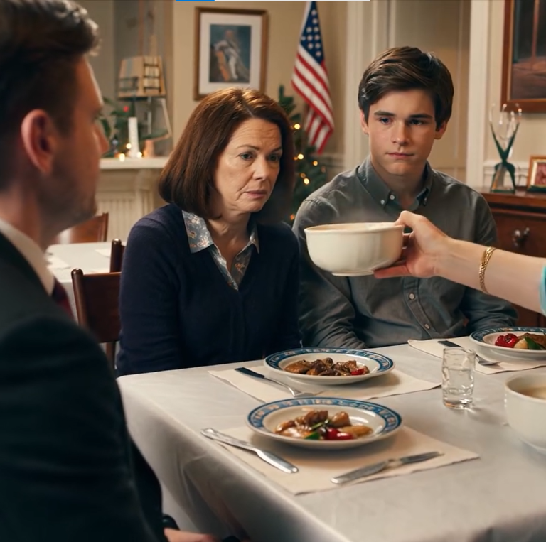 Podczas kolacji teściowa mojego syna nagle odsunęła miskę i gorąca zupa rozlała mi się po twarzy. Spojrzała mi prosto w oczy i powiedziała: „Zasłużyłeś na to”. Syn cicho dodał: „Ma rację, mamo”. Nie sprzeciwiłam się. Po prostu otarłam twarz serwetką, wstałam i odeszłam od stołu. Tuż przed wyjściem wykonałam jeden szybki telefon — i to, co się potem wydarzyło, jest czymś, czego żadne z nich nigdy nie zapomni.