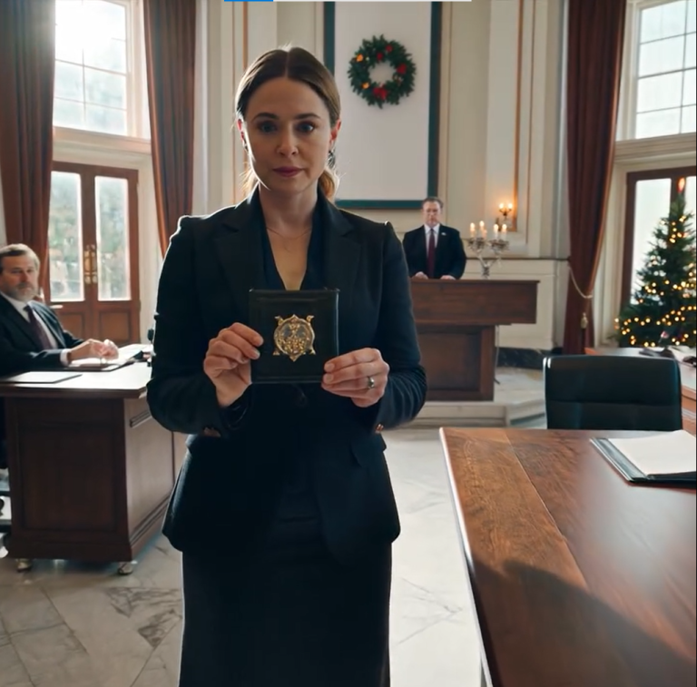 Sędzia uśmiecha się do kobiety w sądzie, a potem milknie, gdy pokazuje jej legitymację Secret Service USA! Poranne światło przecina budynek sądu hrabstwa Fulton.