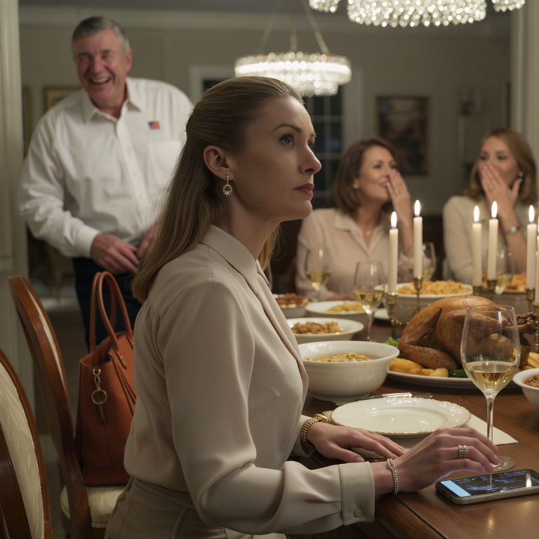 W Święto Dziękczynienia mój tata prychnął: „Kolejna podróbka markowej torebki, co?”, moja siostra zadrwiła: „Skoro jesteś biedna, to przestań udawać bogatą”, cała rodzina na zmianę diagnozowała u mnie „urojenia bogactwa”, ja po prostu w milczeniu kiwałam głową… aż mój telefon zawibrował, wyświetlając pojedynczą linijkę tekstu, która upewniła się, że nikt nie odważył się powiedzieć ani słowa.