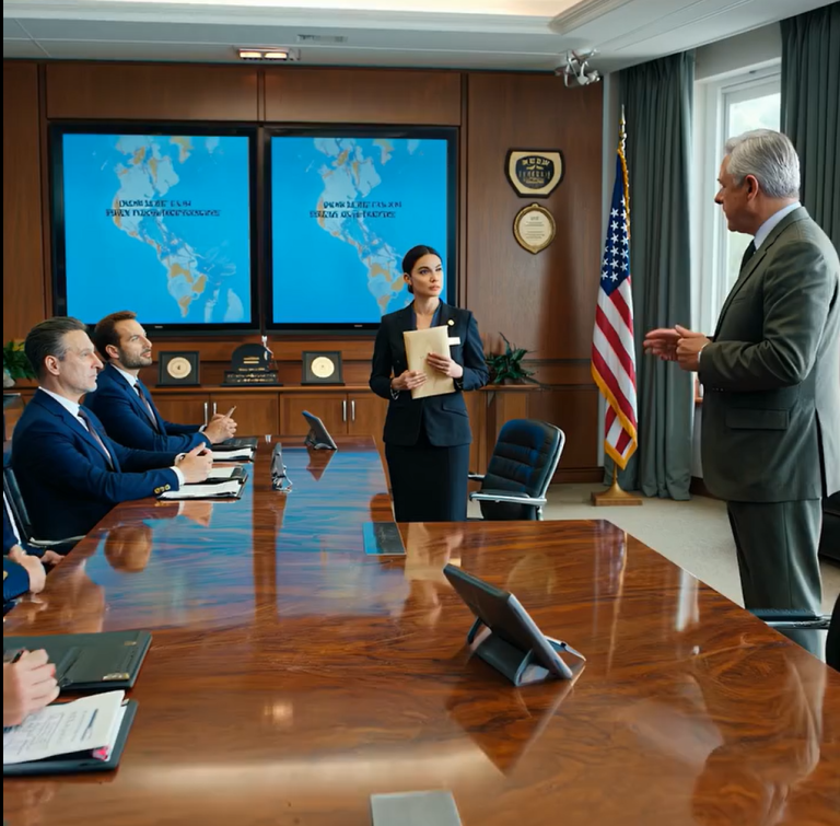 Generał rozmawiał z nią z góry na porannej odprawie, nie wiedząc, że jest jego nowym dowódcą. Ściany wyłożone drewnianymi panelami.