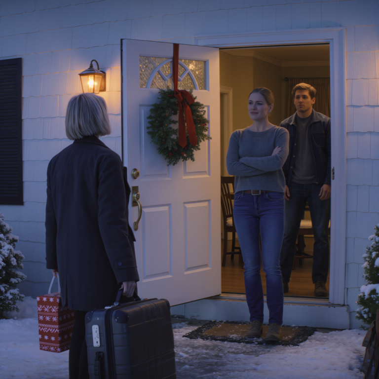 Mój syn zadzwonił: „Mamo, wróć na święta — wszystko zarezerwowałem” — przeciągnęłam walizkę przez pół kraju, stanęłam w jego drzwiach wejściowych… jego żona spojrzała na mnie i powiedziała beznamiętnie: „Nie chcę obcego gościa na naszej kolacji” — mój syn stał za nią w milczeniu… drzwi zatrzasnęły się z hukiem… a trzy dni później mój telefon nie przestawał dzwonić z powodu czegoś, czego się nie spodziewali