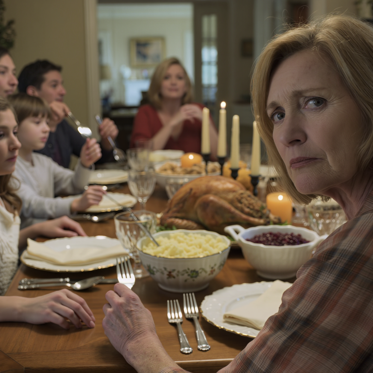 Moja synowa wstała w środku kolacji z okazji Święta Dziękczynienia i chłodno oznajmiła: „Twój mąż przepisał nam dom – ty nic nie dostajesz!” – cały stół ucichł; odłożyłam widelec i wypowiedziałam tylko jedno zdanie, które sprawiło, że jej uśmiech zamarł… ale mój syn wyszeptał: „Mamo, nic nie mów…”