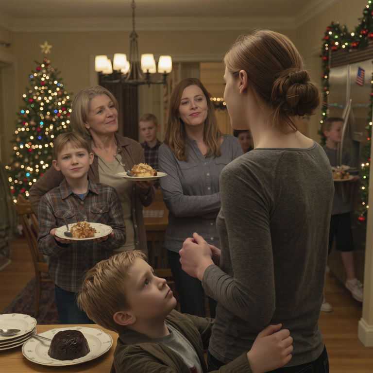 W noc Bożego Narodzenia moja mama trzymała ostatni kawałek puddingu, spojrzała prosto na mojego syna i powiedziała: „tylko rodzina je” — dzieci mojej siostry wróciły po dokładkę, ja cicho założyłem synowi płaszcz i wyszedłem… Już następnego ranka: 33 nieodebrane połączenia + 1 wiadomość głosowa: „zapieczętowują wszystko… proszę” i odpowiedziałem tylko jedną linijką…