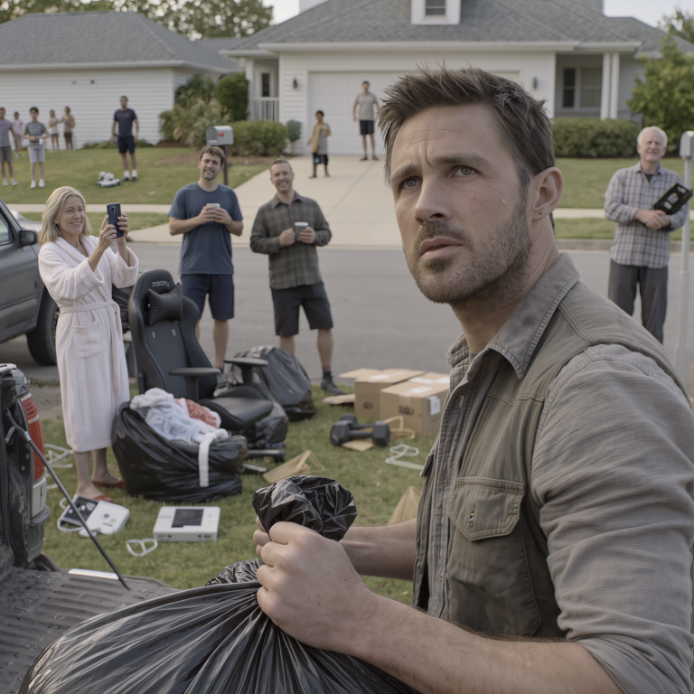 Skończyłem zmianę w magazynie o 7:00 rano, wróciłem do domu i zobaczyłem, że całe moje życie wylądowało na trawniku przed domem niczym na „wyprzedaży garażowej” — mama w szlafroku uniosła telefon i nagrywała, brat kopnął moją torbę na siłownię na ulicę i oznajmił, że zmienia hasło do Wi-Fi — tata roztrzaskał mojego Xboksa na oczach sąsiadów... Spojrzałem im wszystkim w oczy, powiedziałem jedno zdanie i odjechałem — 8 dni później dostałem 83 SMS-y i wtedy w końcu zaczęli naprawdę panikować...