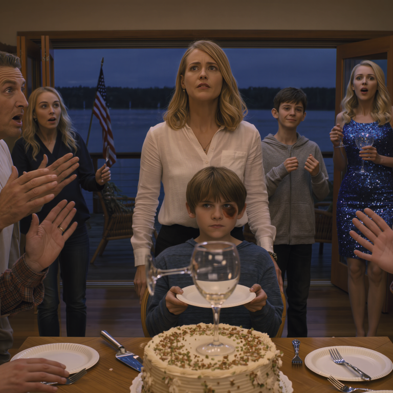 Na przyjęciu urodzinowym mój syn pojawił się z siniakiem pod okiem, a syn mojej siostry chwalił się, że „na pewno nigdy tego nie zapomni”. Sala wybuchnęła śmiechem – aż mój syn wypowiedział ciche słowa, które zburzyły wieczorną atmosferę i sprawiły, że moja siostra upuściła kieliszek z winem. Na chwilę muzyka, wiatr znad jeziora, a nawet delikatny brzęk widelca o talerzyk z deserem zdawały się zawisnąć w powietrzu.