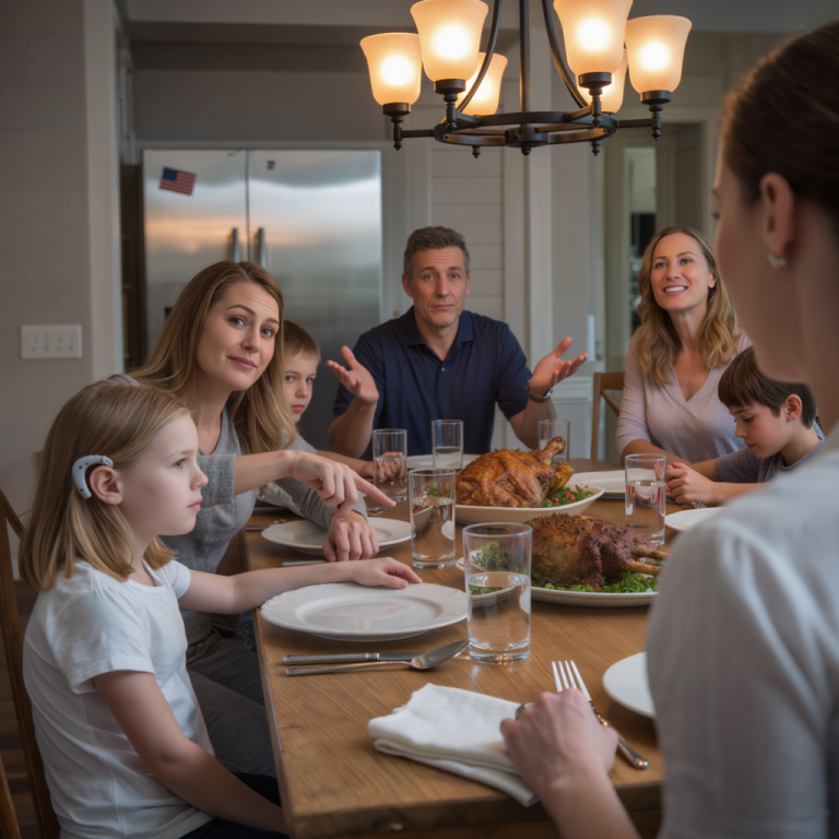 Podczas rodzinnego obiadu moja siostra wskazała na aparat słuchowy mojej 6-letniej córki i zaśmiała się, nazywając go „uszami robota”... moja mama powiedziała: „Noś taki, który jest mniej widoczny”, mój tata zbył to: „To tylko żart — przestań być taki wrażliwy” — ja milczałam... aż mój mąż wstał, otworzył drzwi na oścież i powiedział dokładnie JEDNO słowo... następnego ranka cała rodzina się obudziła i w końcu zrozumiała „cenę” żartu...