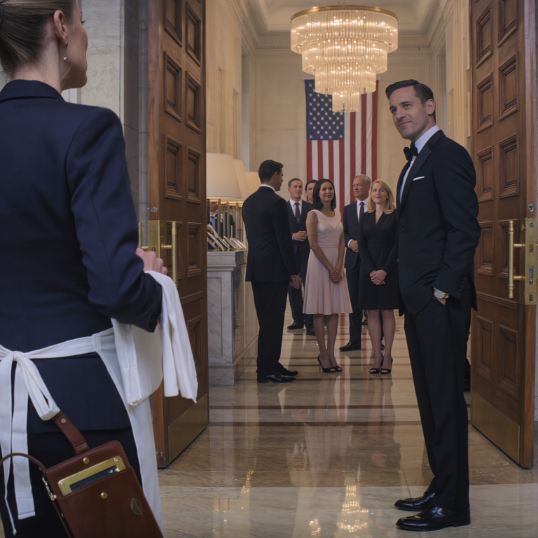 Na przyjęciu mojego syna z okazji ukończenia studiów prawniczych w klubie w stylu Ivy League, zostałem zaciągnięty do kuchni: „Catering tutaj!”. Moja ręka już musnęła moje uprawnienia sędziego federalnego… ale ojciec jego dziewczyny prychnął: „Nie pozwól tej sprzątaczce zbliżać się do wspólników”. Po prostu zawiązałem fartuch, nalałem szampana i słuchałem, jak rozmawiają o wiele za dużo – aż w końcu wszedł wpływowy gość… i nagle cała sala ucichła.