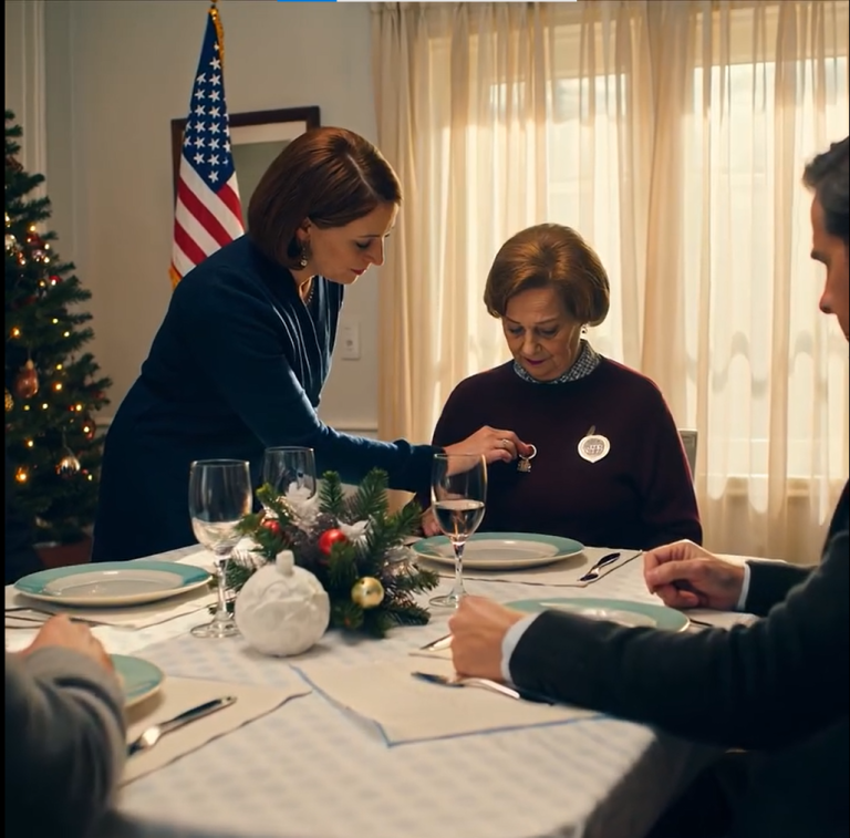 Podczas świątecznego obiadu moja synowa wręczyła mi identyfikator. Napisano na nim: „Gosposia”. Jej rodzice się roześmiali. Mój syn uśmiechnął się i powiedział: „Jedzenie jest dla rodziny”. Nie było dla mnie krzesła. Spokojnie zdjęłam obrączkę, położyłam ją na stole i wypowiedziałam cztery słowa. „W SALI ZAMKNĘŁA SIĘ CISZA”